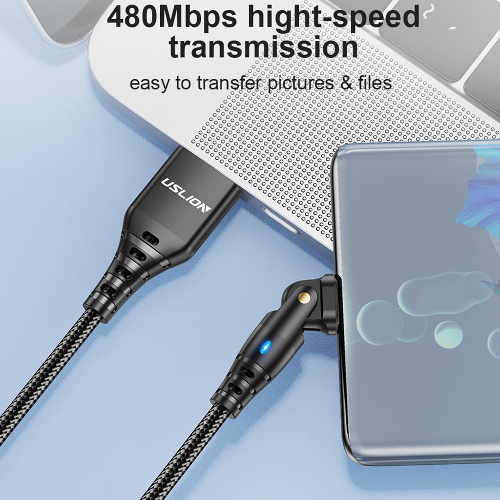 USLION US0189 1m USB A To Type C Cable 180 Degree Rotating Angled Head 3A Charging Data Cord