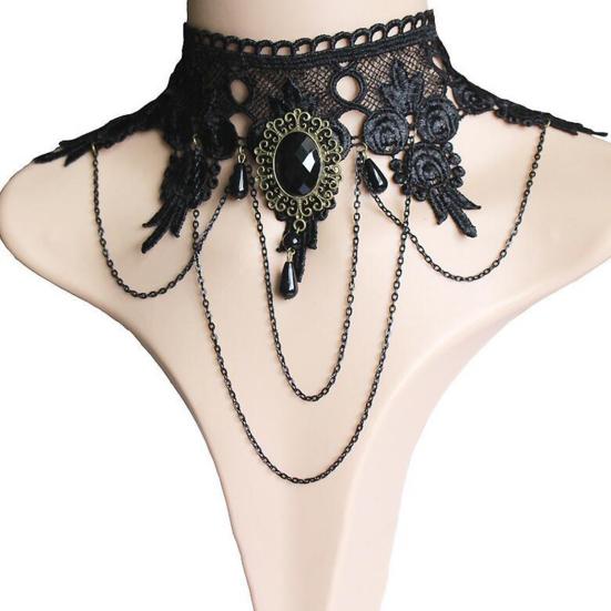 Lace Flower Faux Gem Necklace Bracelet Earrings Wide Gothic Punk Style Choker Necklace Bracelet Jewelry Accessory