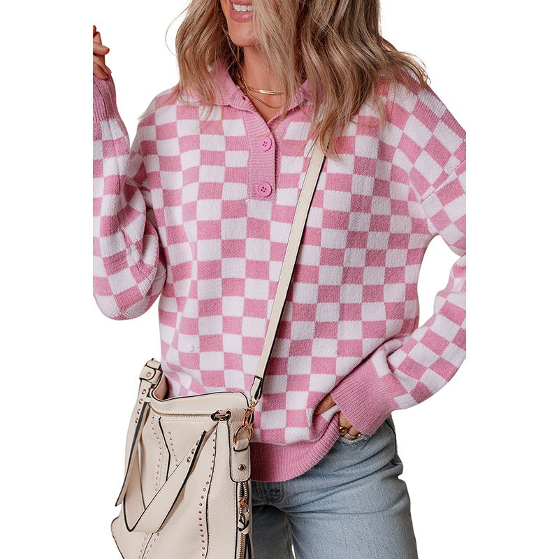 

European and American Fashion Warm Plaid Color Matching Drop Shoulder Sweater Women 2025 Winter New Button V-neck Knitted Pullover Pink Size S fit (45.00 kg-55.00 kg