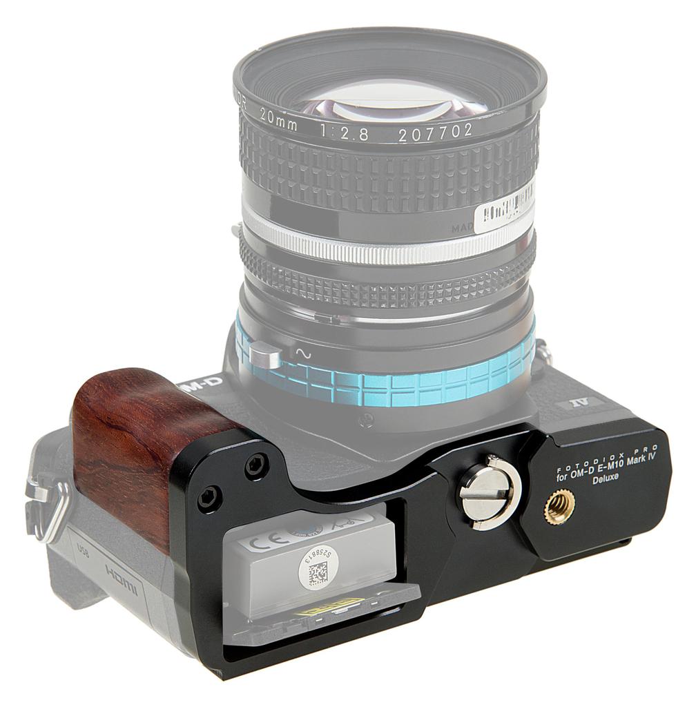 Deluxe Metal Camera Hand Grip with Wood Accents and Access for Olympus Mark IV MILC MFT Camera OM-D E-M10
