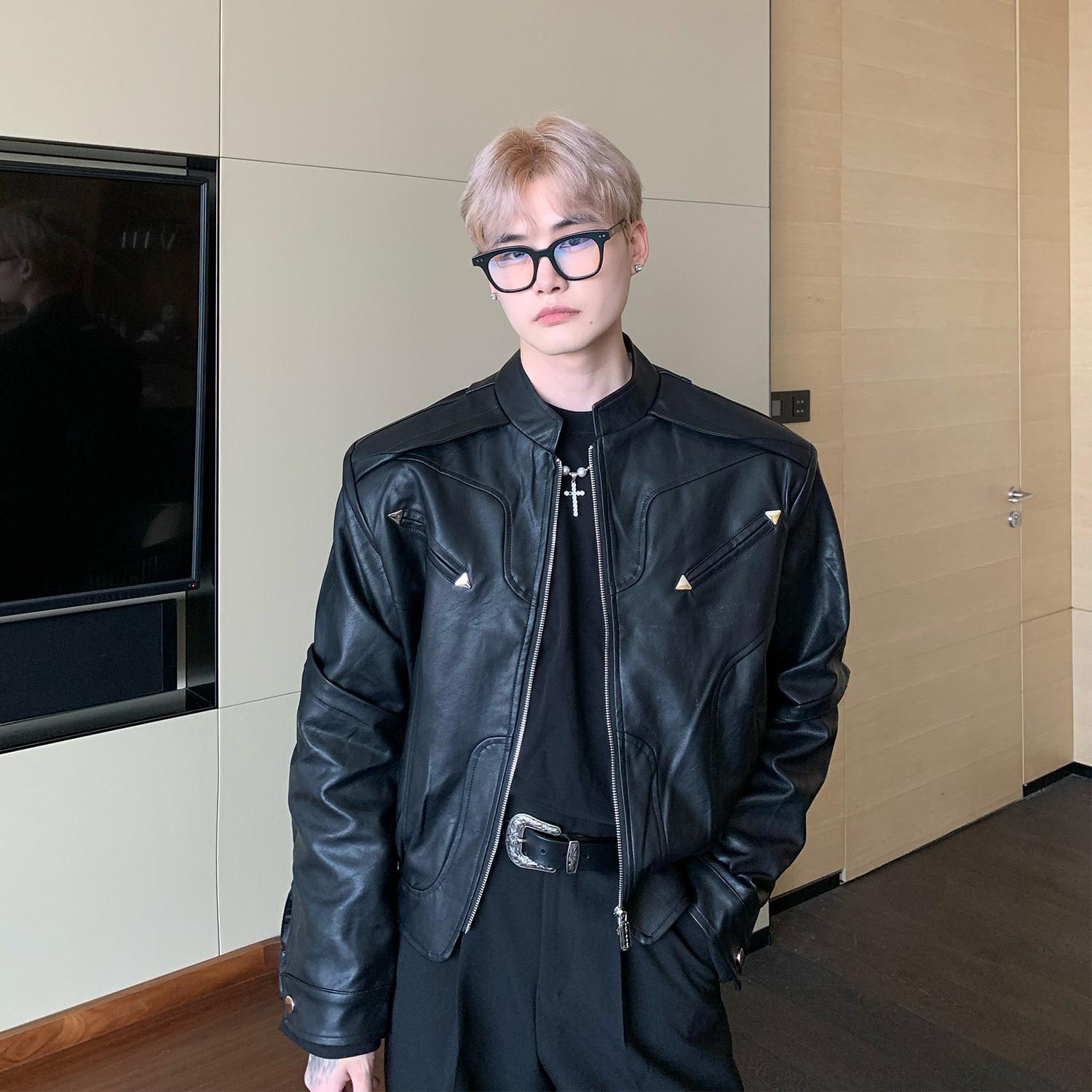 

Мужская кожаная мотоциклетная куртка высокого класса - свободный крой, короткий дизайн, красивый, стиль для активного отдыха 2XL чёрный