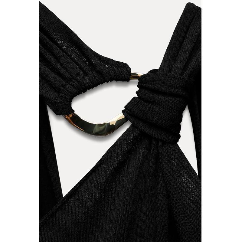 Fall and Winter New Women's Clothing French Design Sleeveless Halter Gold Inlay and Bow Tie Tops 4938106