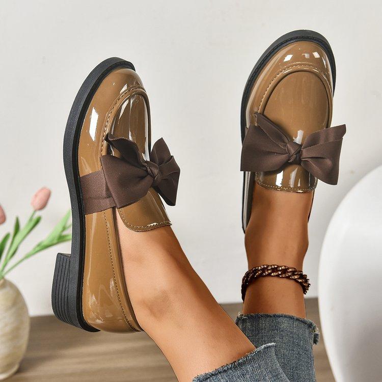 Women's Patent Leather Bow Loafers Round Toe Low Block Heel Slip-On Casual Oxford Shoes
