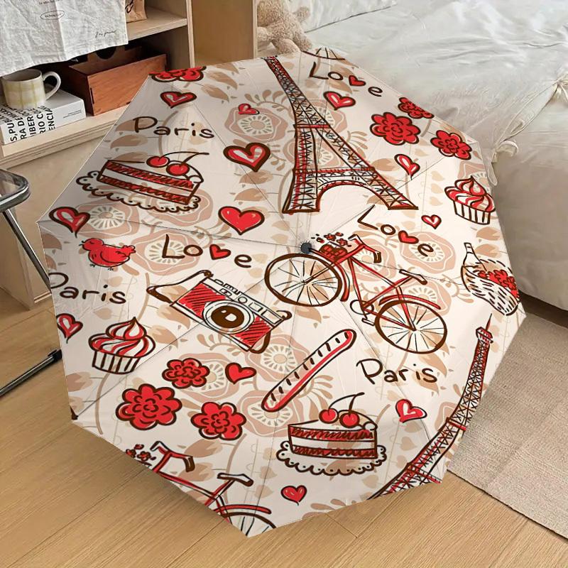 1pc Paris Love Automatic Open/Close Umbrella Compact Folding Umbrella with 8-Rib Shaft for Women/Men, Portable Travel Umbrella,1213S