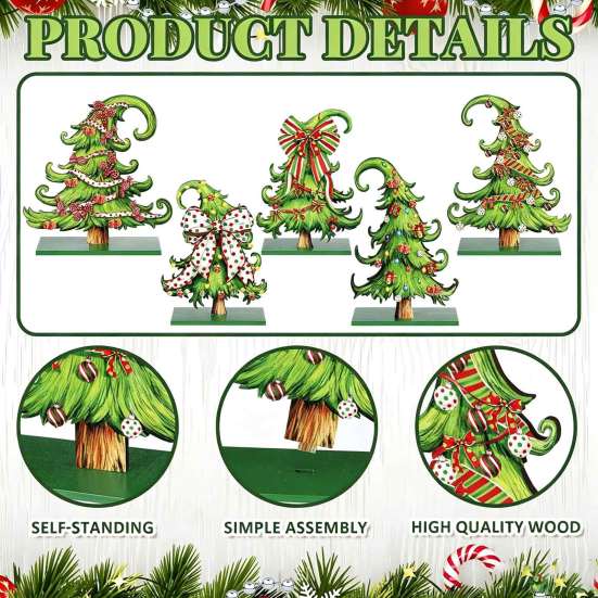 Tiered Tray Christmas Decor 5 Pcs Wooden Tabletop Tree Signs, Rustic Standing Green Craft Ornaments Desktop Ornament with Curly Topper for Winter