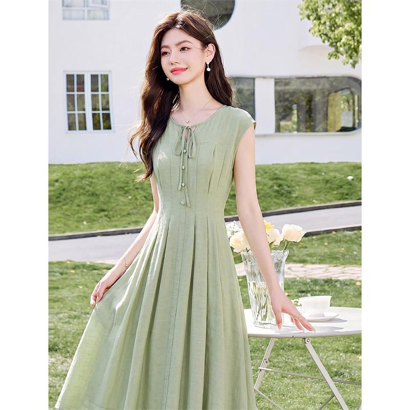 Robe midi élégante française ajustée en lin coupe A