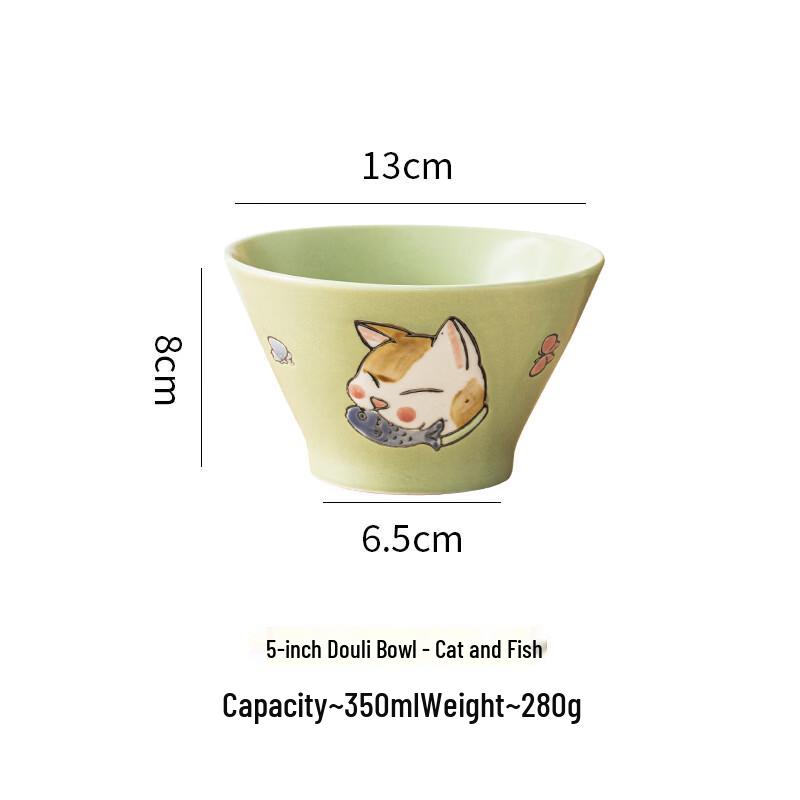 Абай Японская Керамическая Пиала для Риса Ручной Росписи - Кошка и Рыба