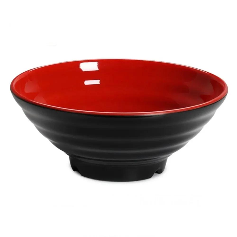 Household Melamine Ramen Bowl Ring Striped Pattern Red and Black Fruit Salad Bowl Heat Safe Japanese Style Soup Bowl Restaurant