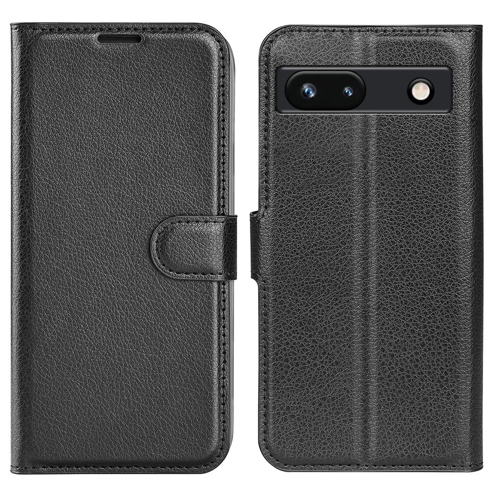 

PU Leather Shell for Google Pixel 7a Drop-proof Litchi Texture Phone Case Wallet Stand Flip Cover Black