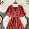 Summer Women's V-neck Short-sleeved Dress Knee-length Slim Temperament Waist Tie Large Swing Pleated Long Dress