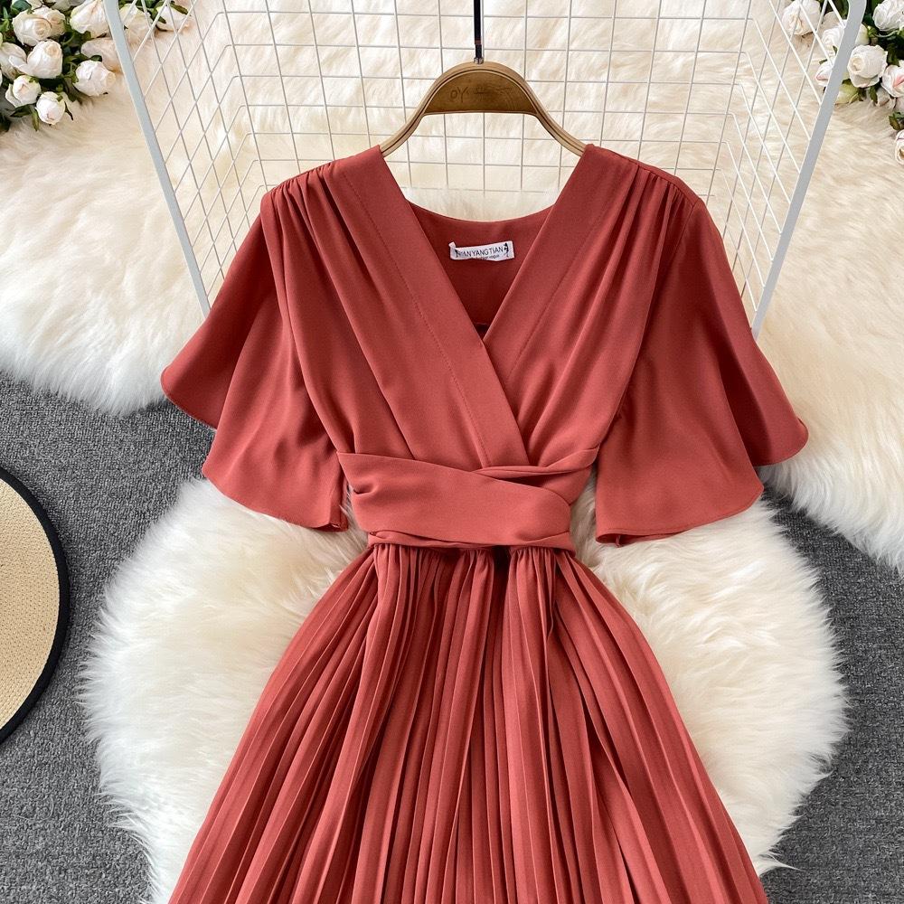 Summer Women's V-neck Short-sleeved Dress Knee-length Slim Temperament Waist Tie Large Swing Pleated Long Dress
