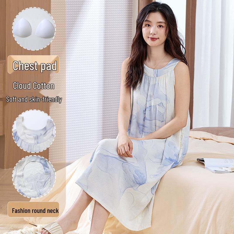 

Женская летняя ночная рубашка без рукавов с чашечками - Хлопок Облако , На тонких бретельках, Большой размер, Одежда для сна 2026. L (95-110 jin)