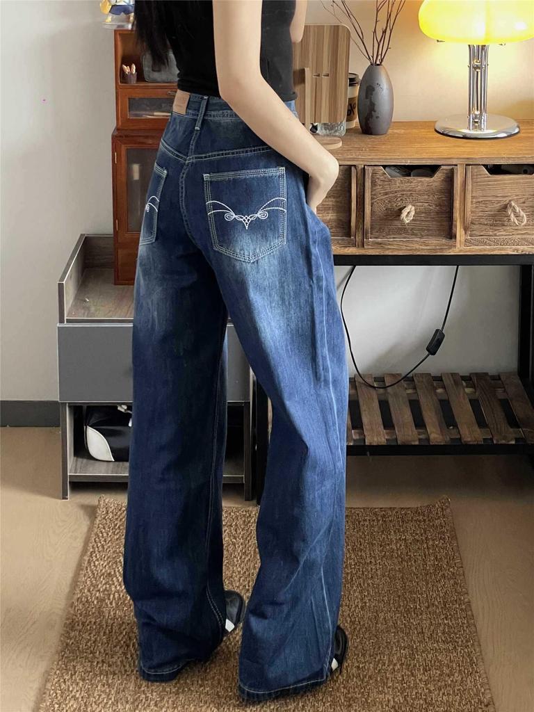 American Retro Blue Embroidered Wide-Leg Floor-Length Jeans for Tall Women
