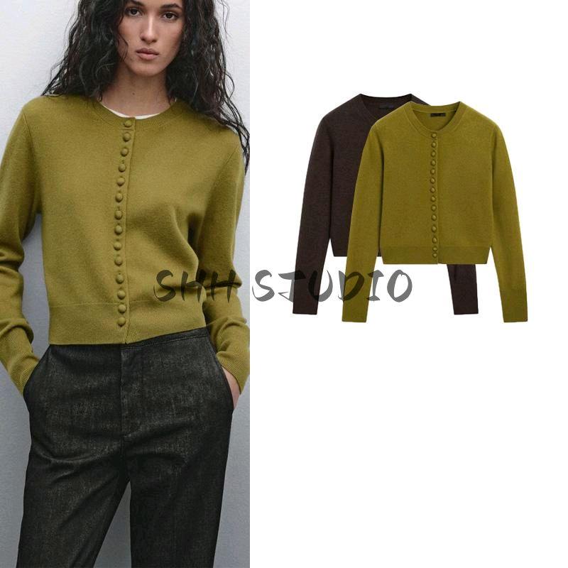 MD Spring New Women's Clothing French Simplicity Wind Round Neck Long Sleeves Wool Blend-Knitted Cardigan 5700637