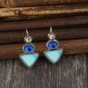 Ethnische Silberfarbe Geometrische Dreiecke und Kreise Champagner Blaue Steine Ohrringe Vintage Pastenmuster Hängeohrringe für Damen