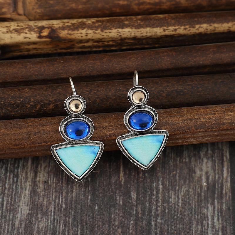 Ethnische Silberfarbe Geometrische Dreiecke und Kreise Champagner Blaue Steine Ohrringe Vintage Pastenmuster Hängeohrringe für Damen