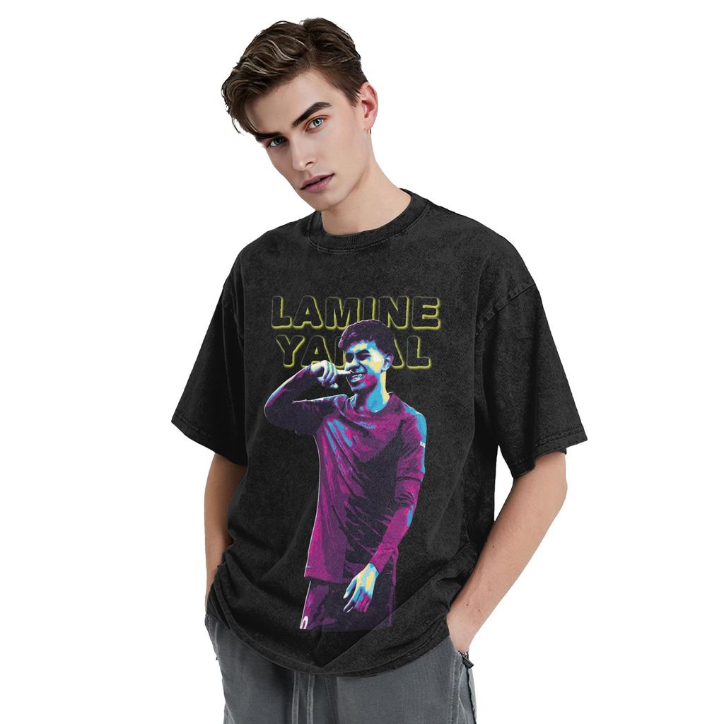 Lamine Yamal No19 Washed Distressed Football Graphic T Shirt Hip Hop Oversized Unisex Short Sleeve Summer Streetwear Fan Tee