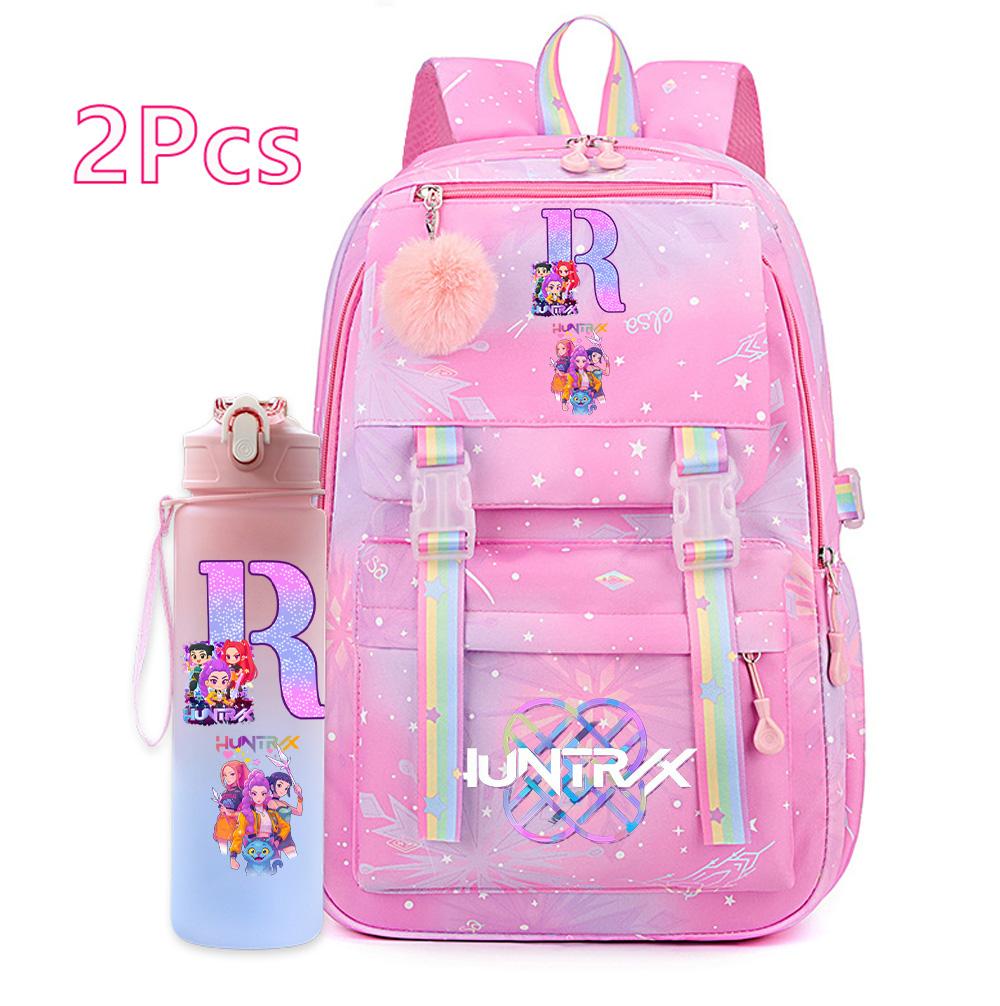 2 Stück/Set Ainme K-Pop Demon Hunters Rucksack mit englischem Buchstabenaufdruck mit Wasserflaschenhalter für Teenager Mädchen Jungen Schultasche Reisetasche