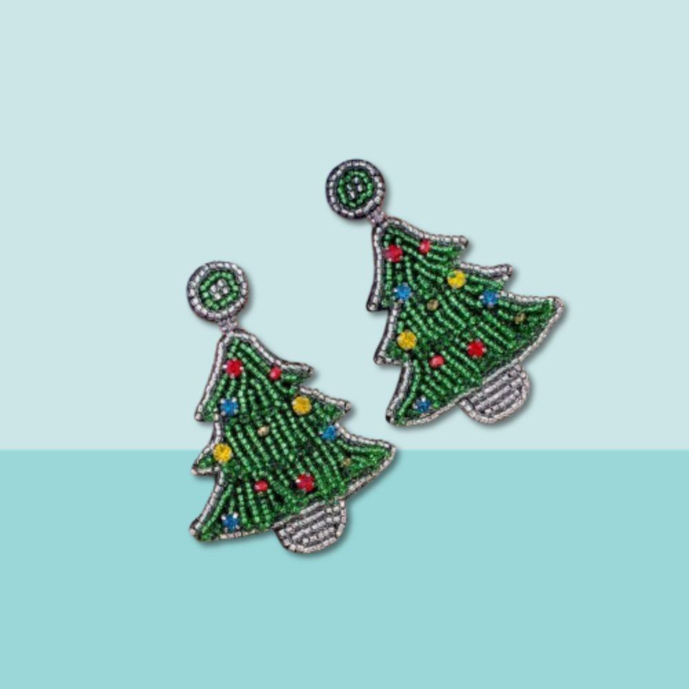 Green Handmade Beaded Ear Drop Bright Rhinestone Christmas Tree Stud Earrings  Girls