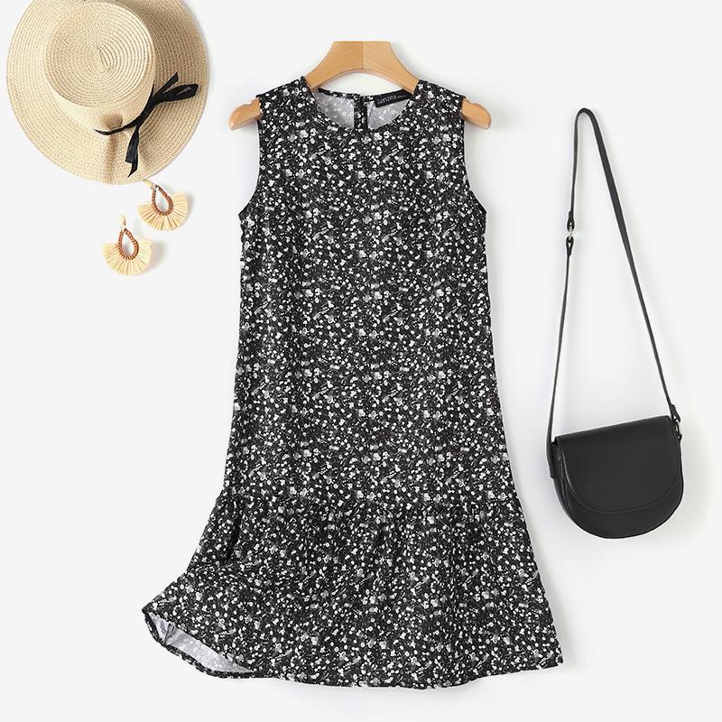 

ZANZEA Жіноча сукня без рукавів з круглим вирізом, святкова, з квітковим принтом, з оборками по подолу S чорний