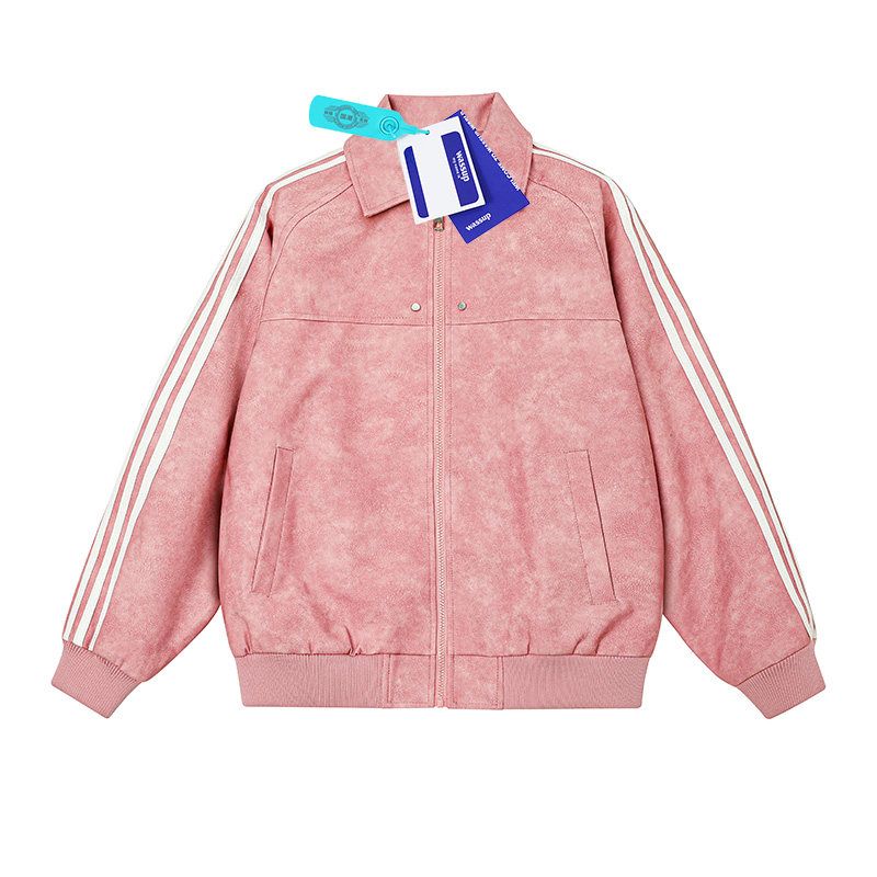 

Wassup American-Style Striped Leather Jacket Unisex Spring and Autumn 2025 New Versatile Trendy Workwear Jacket Pink M