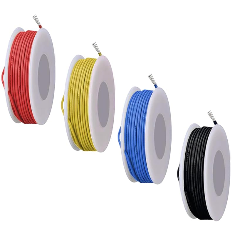 26 Gauge Solid Wire 300V PVC Electrical Wire 26AWG Insulation Tinned Coated Copper Wire Hook Up Wire 4Colors(Red/Yellow/Blue/Black) 5m/16.4ft Each