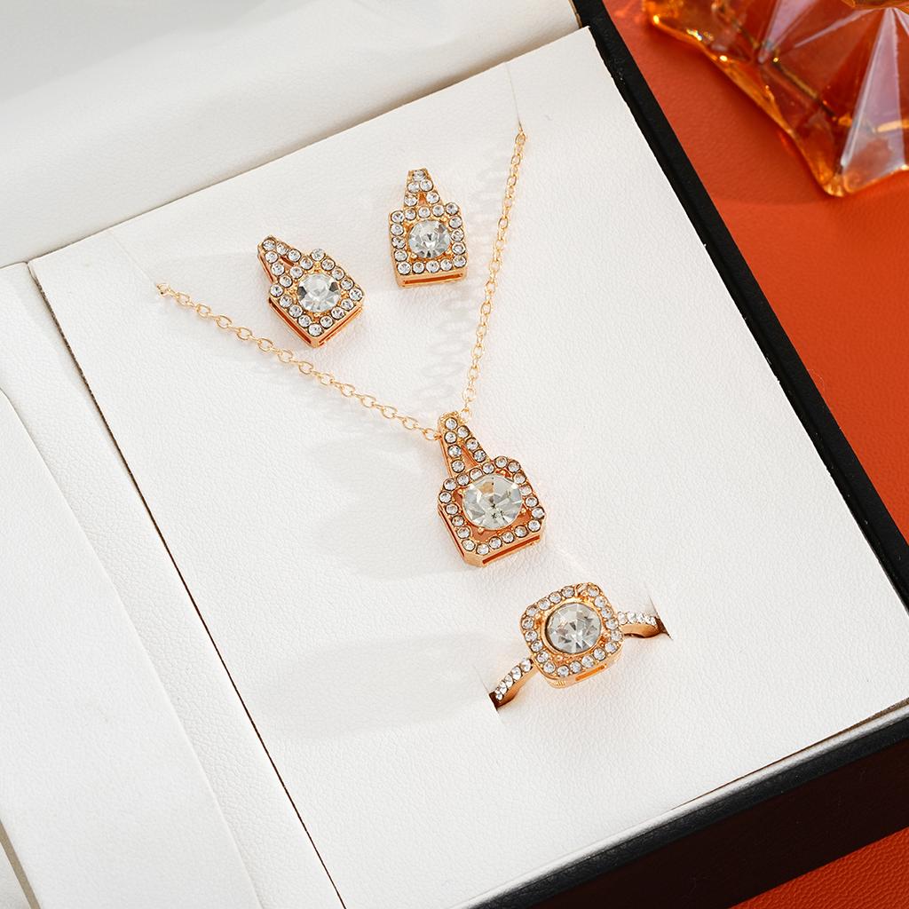 Luxury Square Zircon Crystal Gold Color Earrings Necklace Ring for Women Princess Bride Wedding Banquet Jewelry Set Gift