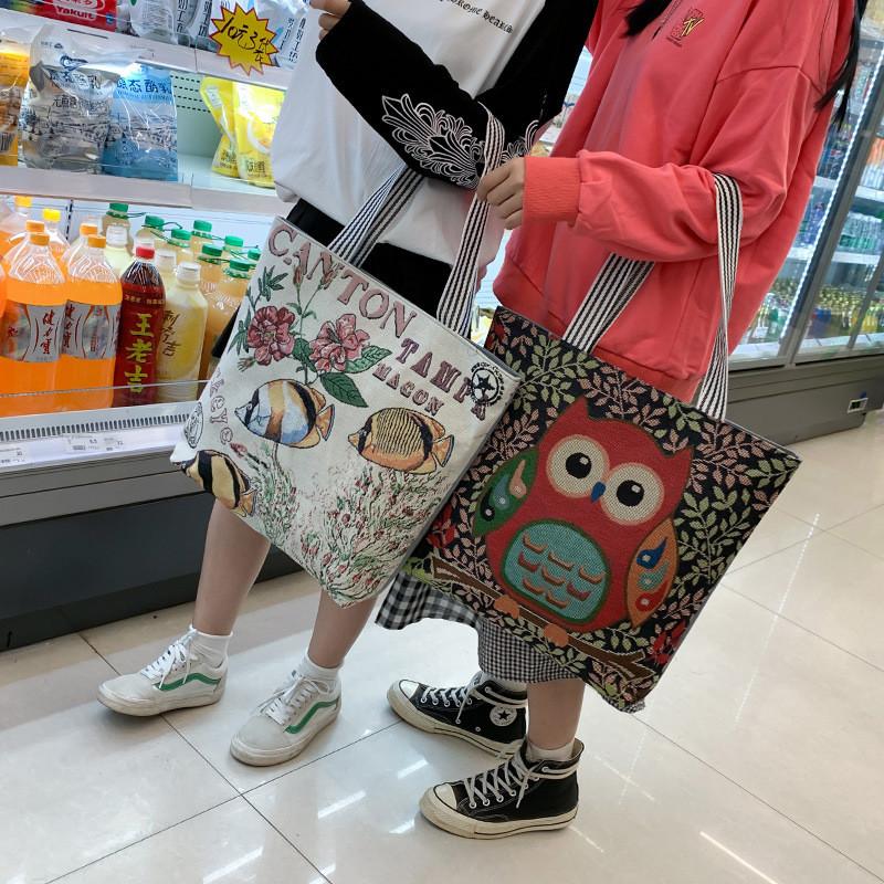 Fashion Owl Canvas Tote Bag With Embroidery And Large Capacity For Daily Use