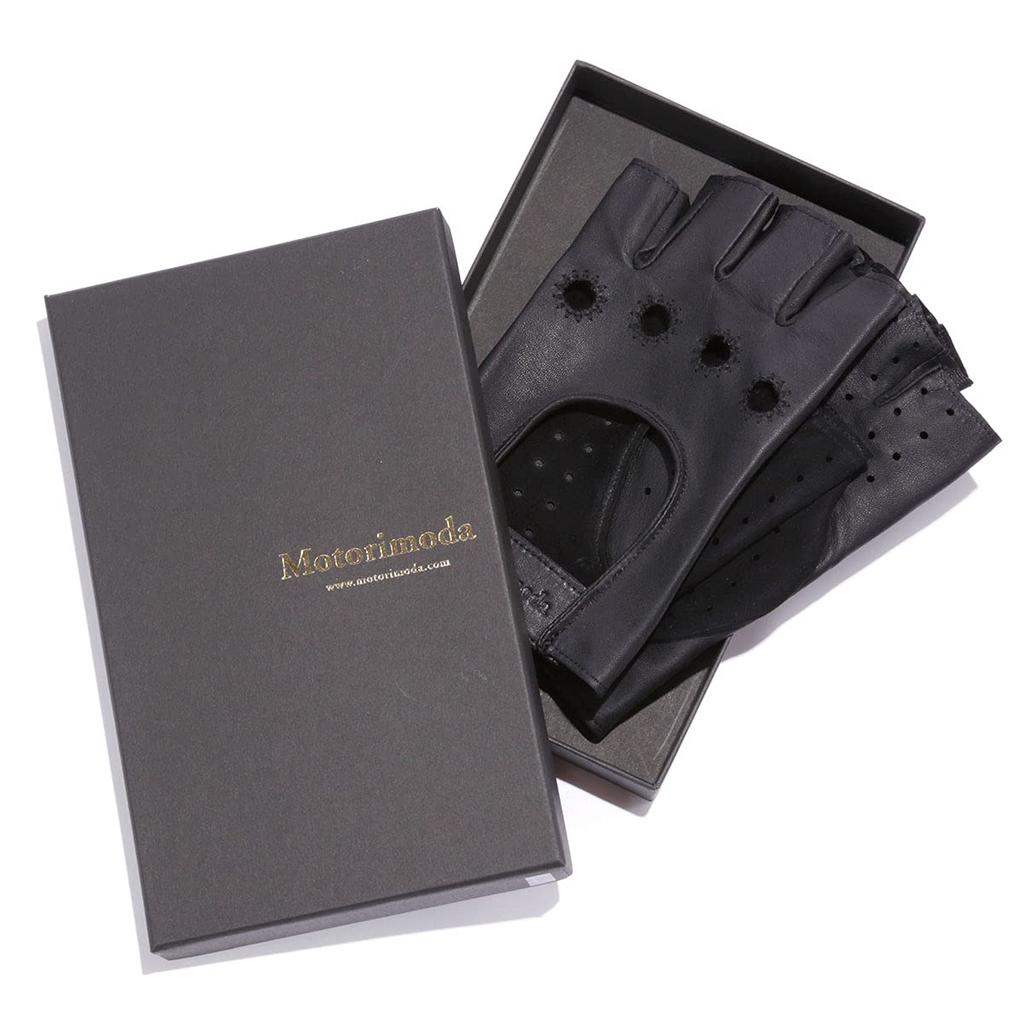 Motorimoda Original T4 Driving Sheepskin Made in Size Black Half-Finger Gloves, Leather, Japan, L,