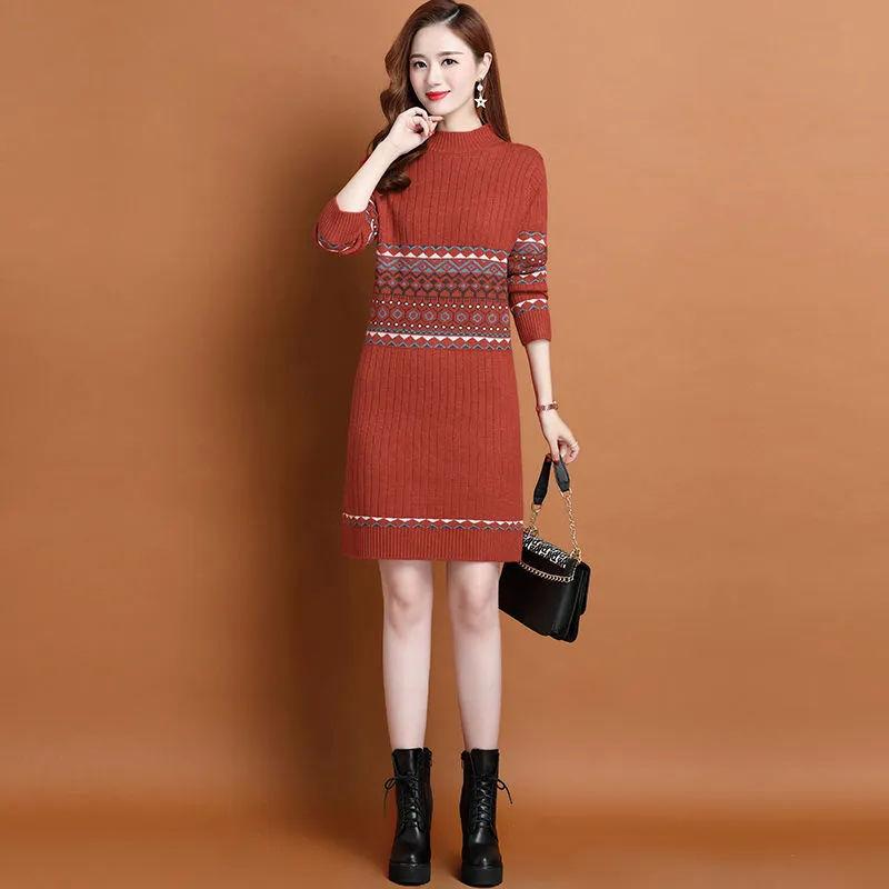 Slim Sweater Dress for Women In Winter Thickened and Warm Half Turtleneck Pullover Solid Color Casual Mid-length Knitted Sweater