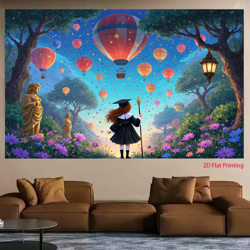 2D Magical Graduation Backdrop 2D Graduate Girl with Staff and Colorful Balloons Photo Background for Photography Decor