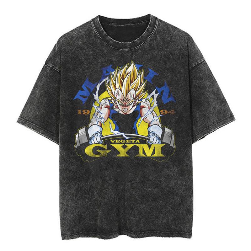

New Dragon Ball Anime Cartoon Printed Water Washed Vintage Short Sleeved Tshirt for Men and Women Loose Casual Sports XL