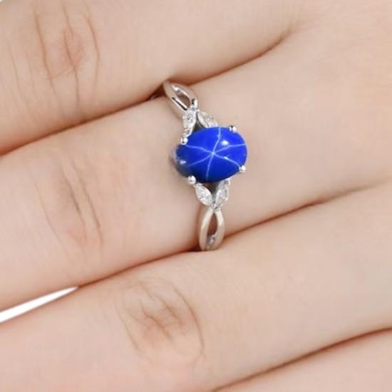 Oval Blue Star Sapphire Ring: Moissanite - Wedding Band - 925 Sterling Silver - Flash Light Star Sapphire - September Birthstone