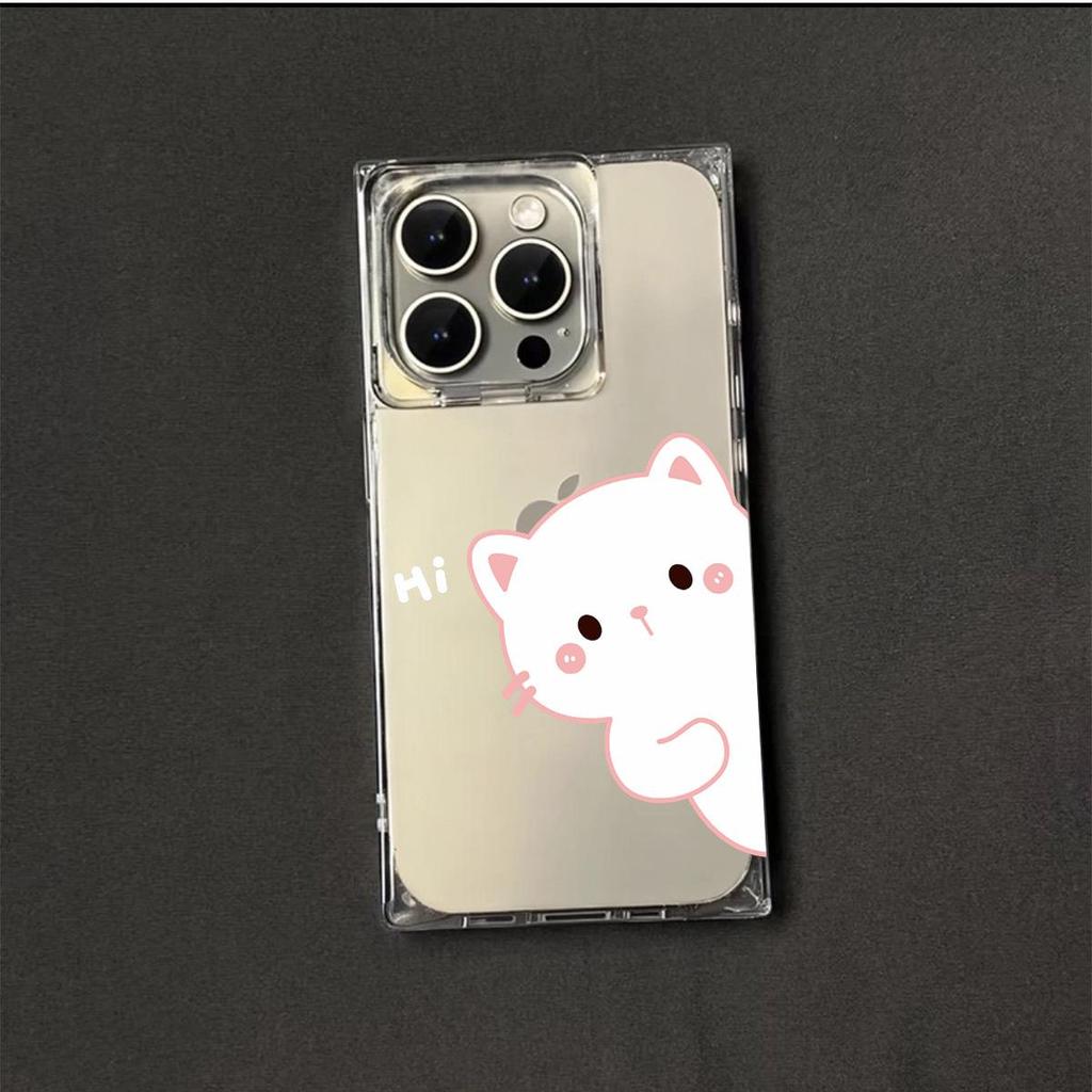 Διαφανής Τετράγωνη Πίσω Θήκη Σωλήνα Προστασίας Για iPhone 15 Plus 11 13 16 ProMax 12 14 Pro Max Αντιοξειδωτική, Μοτίβο Hello Little Cat
