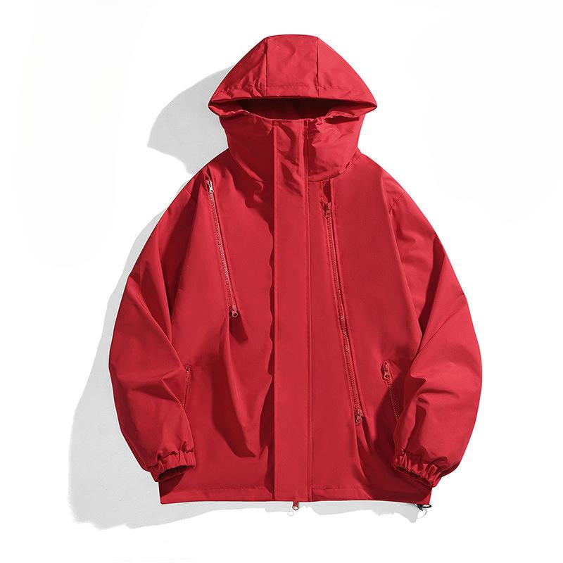 Giacca da lavoro giapponese a tinta unita con texture e multi-zip per primavera e autunno, giacca antivento e impermeabile con cappuccio da uomo