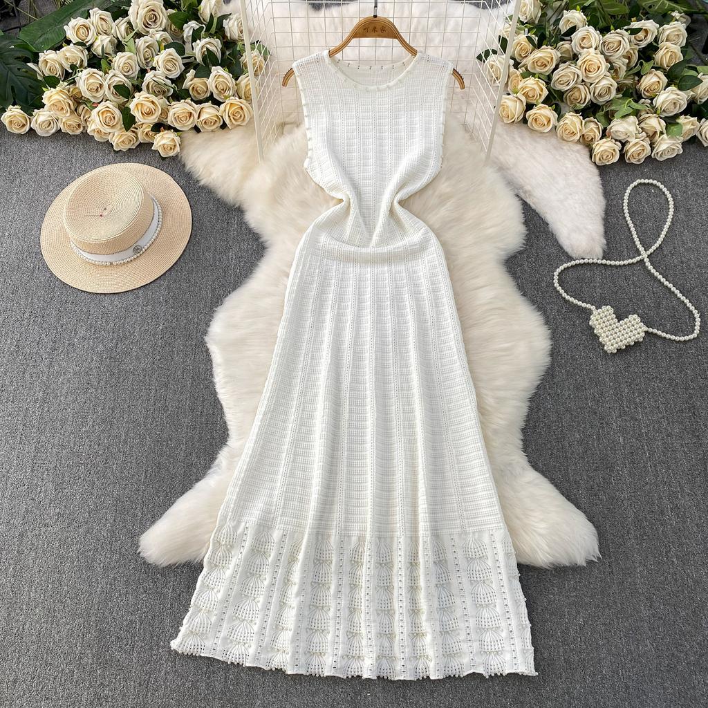 Light luxury elegant sleeveless beaded round neck dress children's autumn and winter high-end sense hollow knitted bottom dress