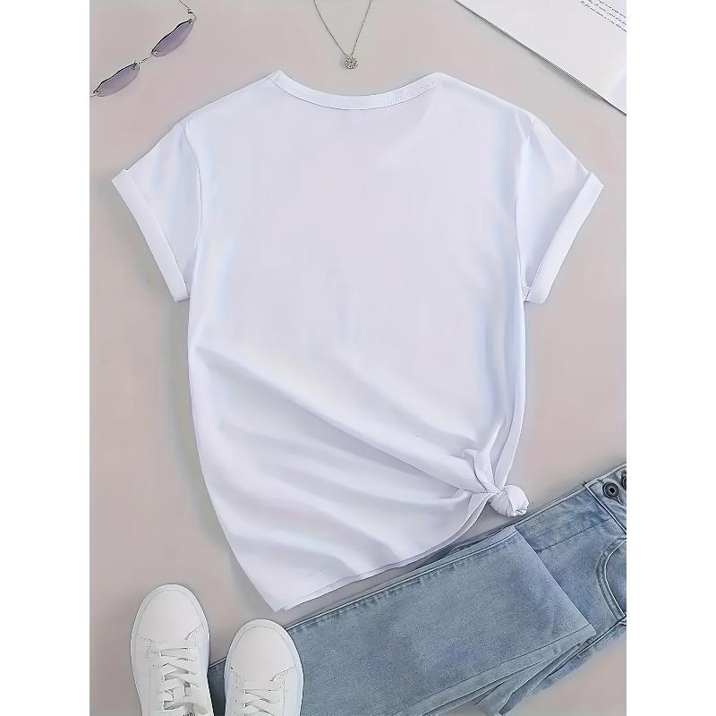 European Size Women's Valentine's Day Heart Print T-Shirt - Happy Valentine's Lettering Short Sleeve Round Neck Casual Blouse