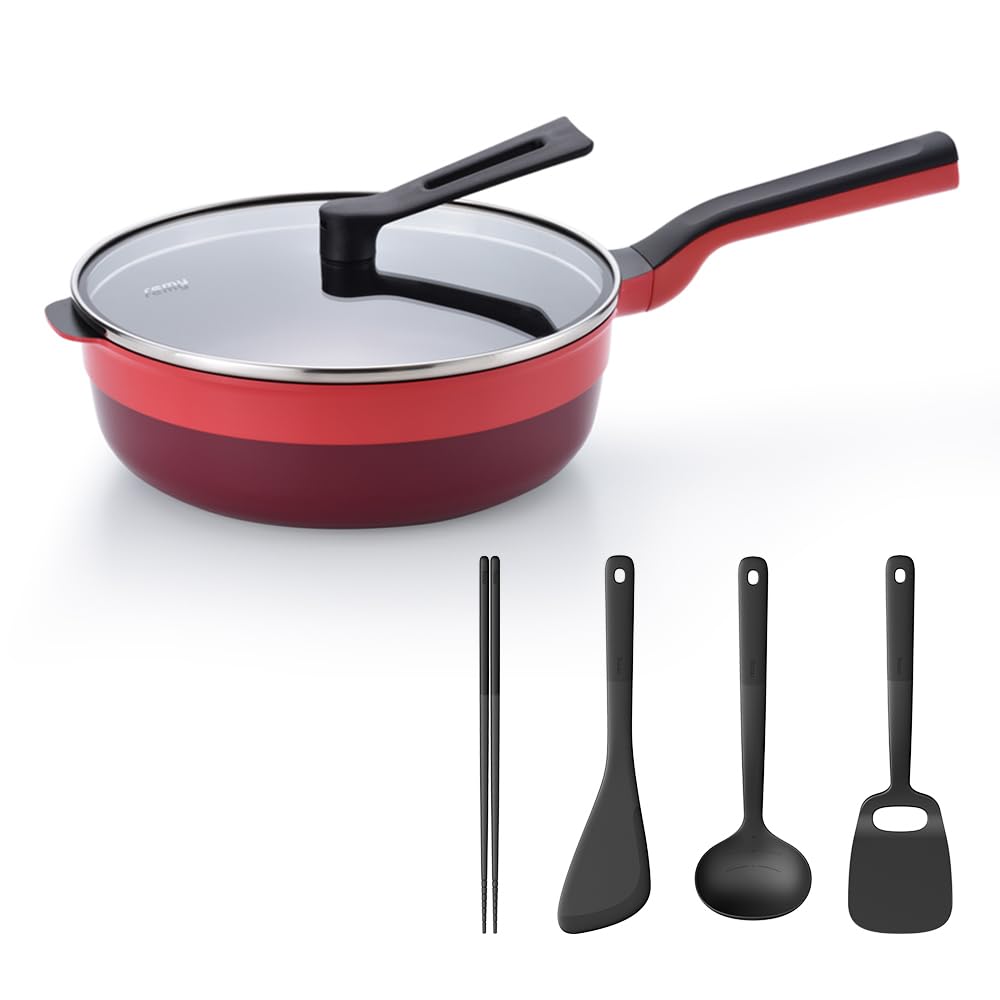 

Remy RemiPan Plus Tool 24cm Deep Frying Pan with Induction and Gas Gift by Remi 4-Piece Set, (Red), Lid, Compatible, Long-Lasting [Supervised Hirano]