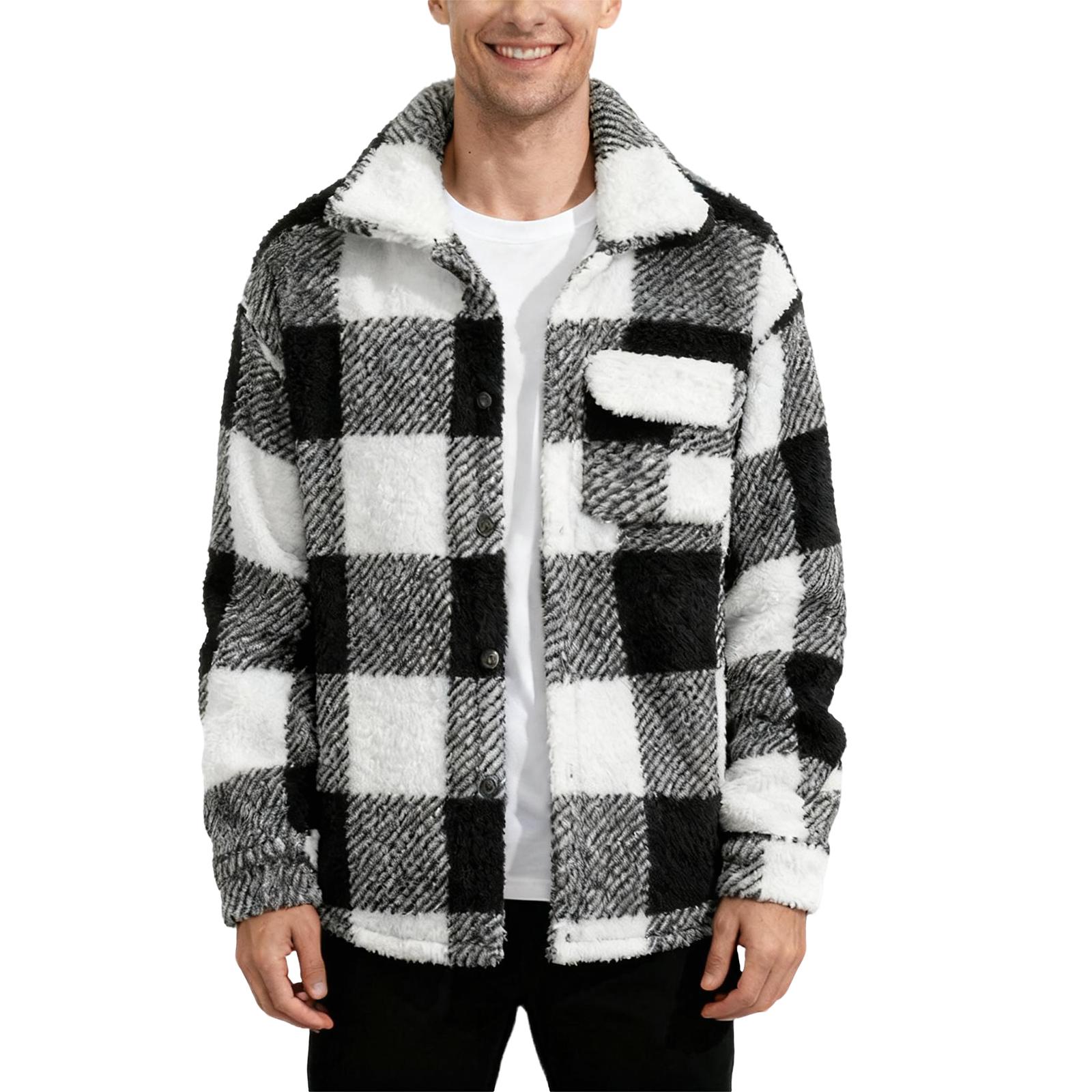 Flannel Shirt Jacket Men Plaid Button Down Teddy Winter Coats Lapel Oversized Warm Fuzzy Fleece Outwear With Pockets S čierna