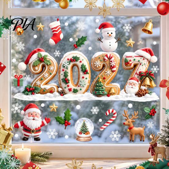 Reusable PVC Window Film Christmas Gingerbread Cling 2027, Static Glass Stickers with Santa Claus Holiday Decor Snowman Reindeer and Snowflake
