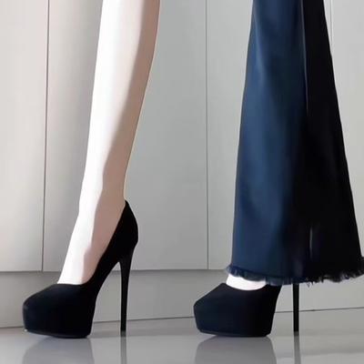 Women's Thin Heel Single Shoes Round Head Shallow Mouth Suede Thick Soles Anti-slip Wear-resistant High Heels