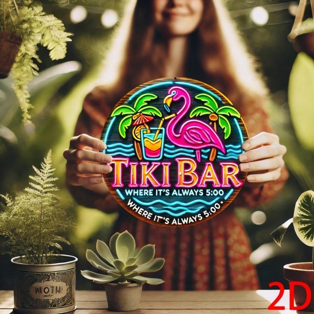 Vibrant Tiki Neon Sign Retro Aluminum Wall Art with Flamingo Palm Tree Design for Indoor Outdoor Bar Cafe Man Cave Garage Decor