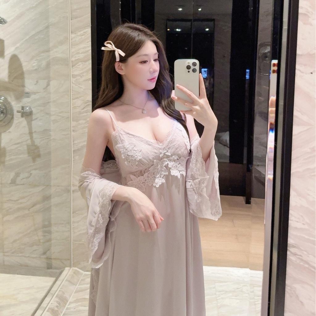 Sexy pajamas women's ice silk new summer lace pure desire long knee suspender nightdress silk loungewear