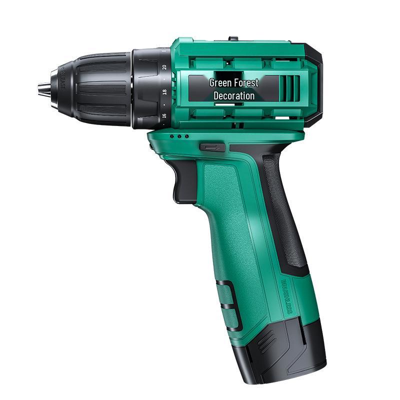 Green Forest 16.8V Brushless Electric Drill: Multi-Function Lithium Pistol Power Tool with Charging Impact and Screwdriver Function.