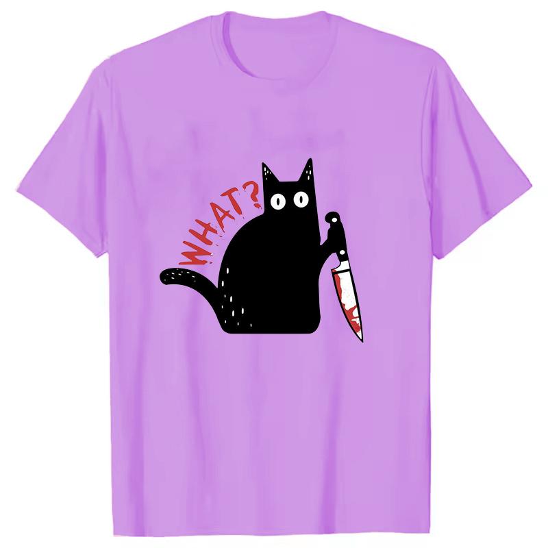 Black Cat with a Knife Rinted Tshirts Unisex Women Unisex Casual Loose Round Neck Creative Personalized Tshirts WHAT Pattern Top