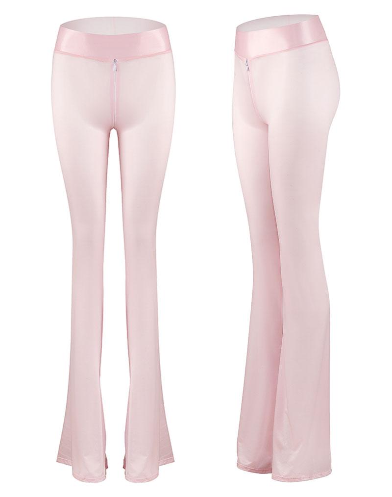 Sexy Shiny Zipper Open Crotch Flare Pants Hollow Out Crotchless Smooth Sexy Hips Capris High Waist See Through Sexy Pants F20