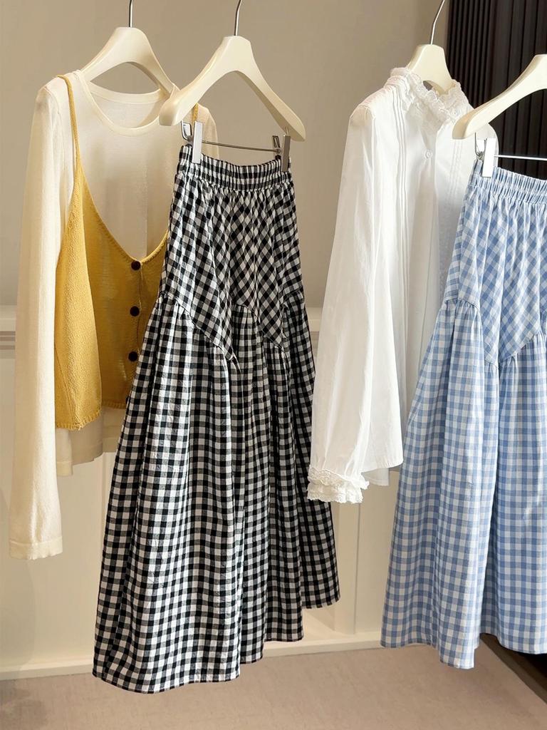 Women's Irregular Spliced Plaid A-Line Skirt - Pear-Shaped, Hip-Covering, Large Hem, Spring/Summer Style