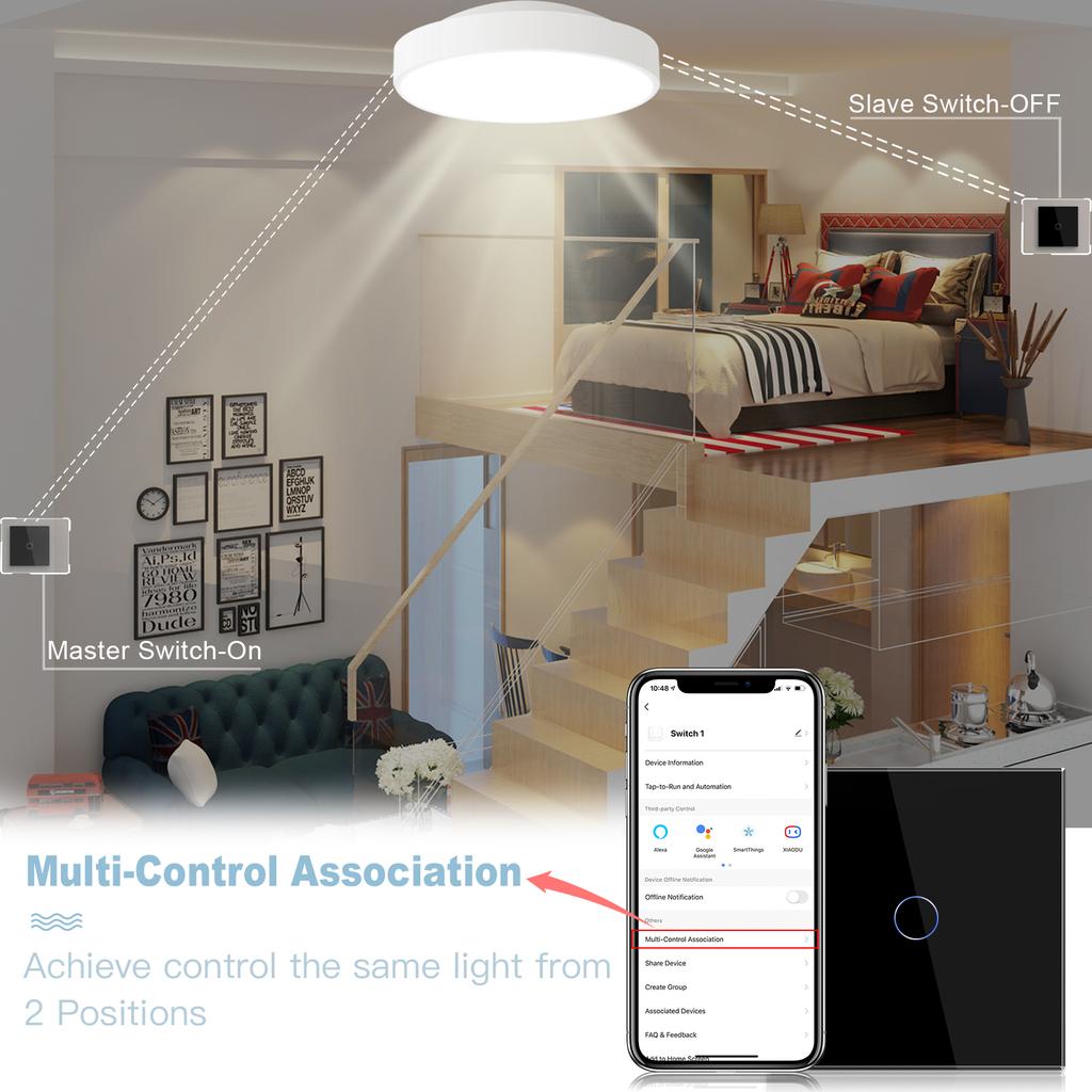 BSEED 1/2/3Gang Wifi Touch Switches 2Way Wall Light Switches Stairs Glass Tuya Smart Life Alice Control No Neutral 2 Pack