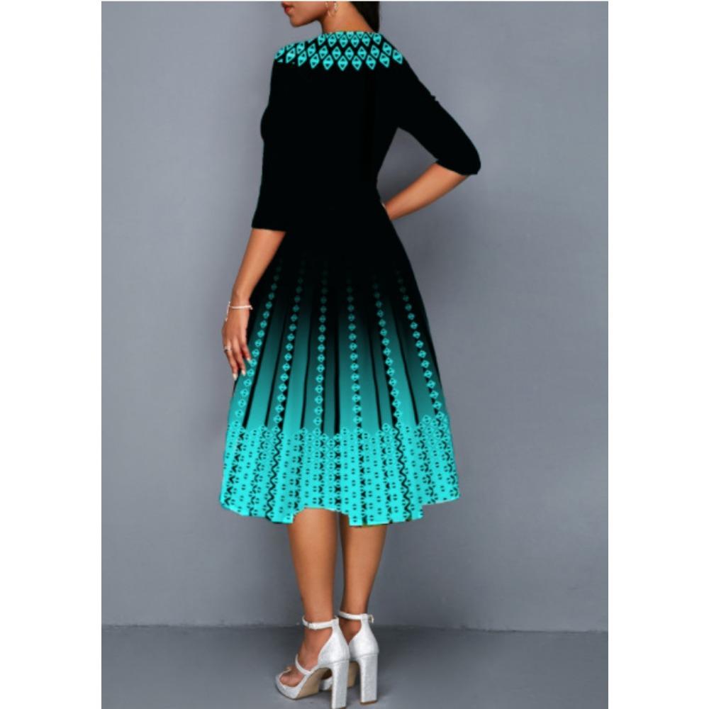 Women's Gradient Fashion Printed Temperament Mid Sleeve Waist Cinched Dress