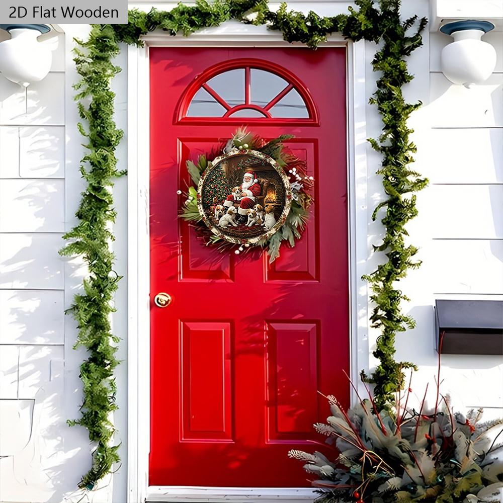 Rustic Christmas Wooden Sign with Santa Claus & Dogs Pattern - Navidad Artwork for Front Door, Wall Hanging Decor - Ideal Christmas Decoration